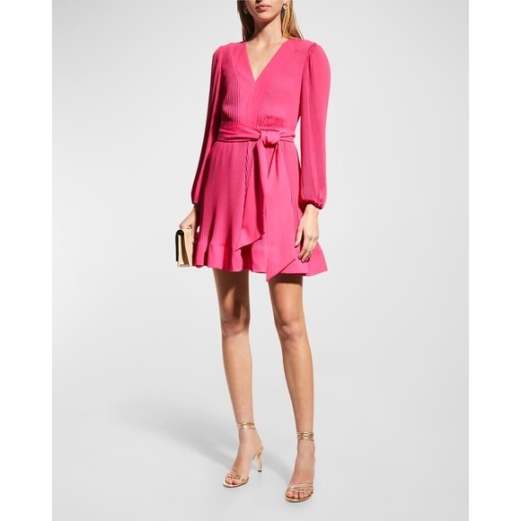Milly Liv Pleated Belted Long Sleeve Dress In Milly Mink Size 0 $395.00 Barbie - Picture 1 of 16